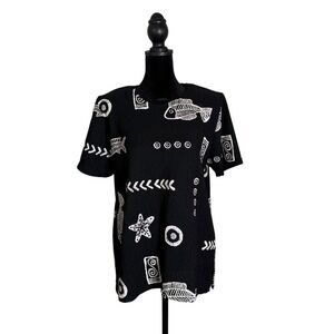 Artsy BOHO Black Top Women Size S Fish Doodle Print Crinkle‎ Art To Wear Fashque